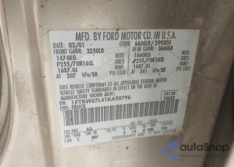 2001 Ford F-150 Harley-Davidson Edition/King Ranch Edition/Lariat/Xlt from USA, damaged, VIN 1FTRW07L41KA90796